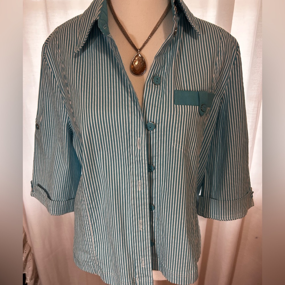 Allison Daley Teal and White Striped Casual Button-Down Shirt
